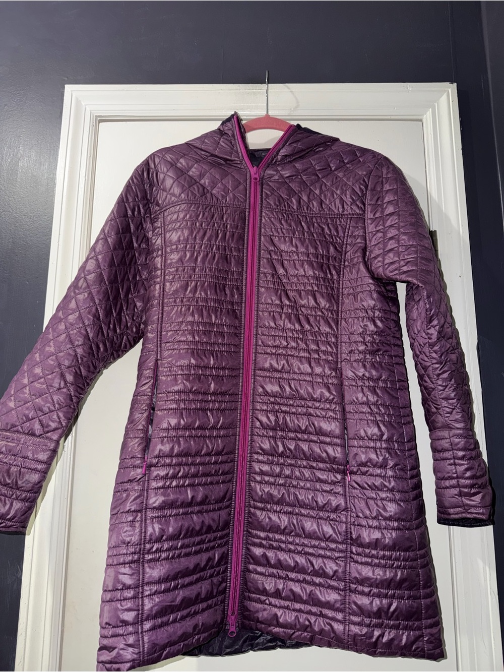 Title Nine Quilted Hooded Long Jacket in Plum